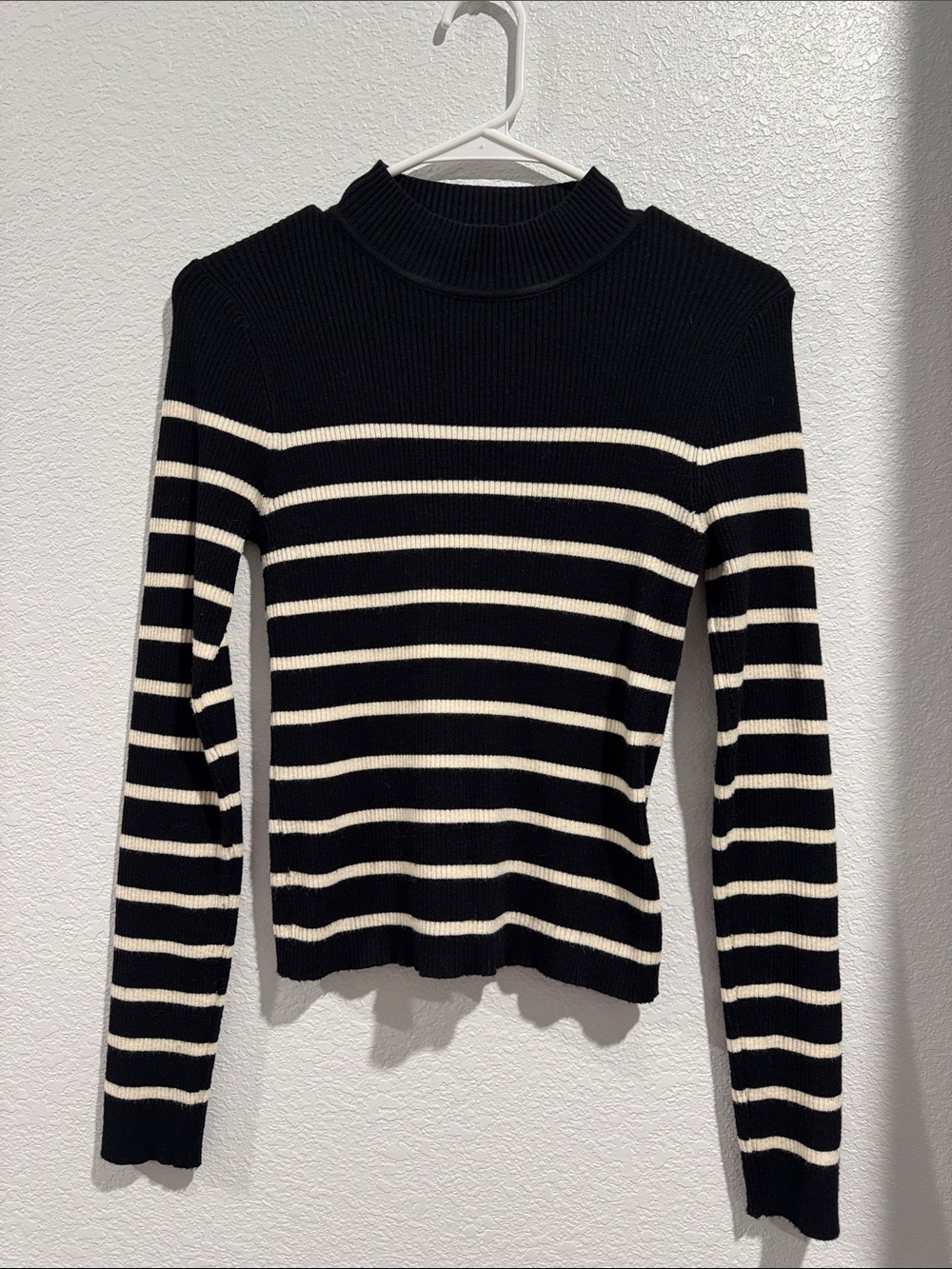 Black & White Striped Mock Neck Women's Top